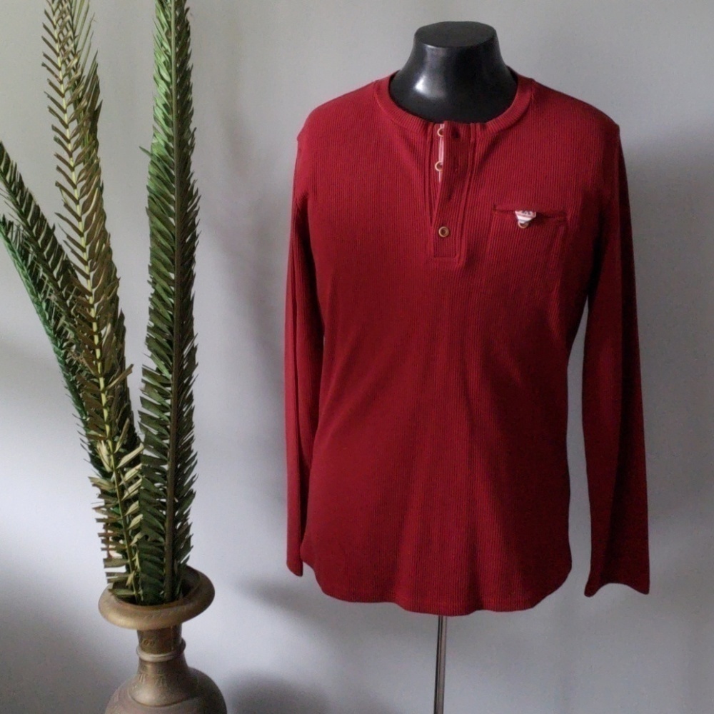 H2H slim fit long sleeve red waffle knit henley shirt NWOT
